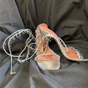 Amina Muaddi Silver Stiletto Heels with Transparent Straps